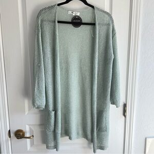 NWT Yemak Knit Sweater Lightweight Open-Front Summer Pockets Pale Jade M/L